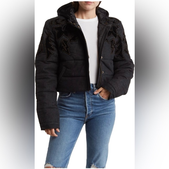🔥🔥NWT - Free People - Fleur de Lis Denim Puffer Jacket - Washed Black - Picture 1 of 6